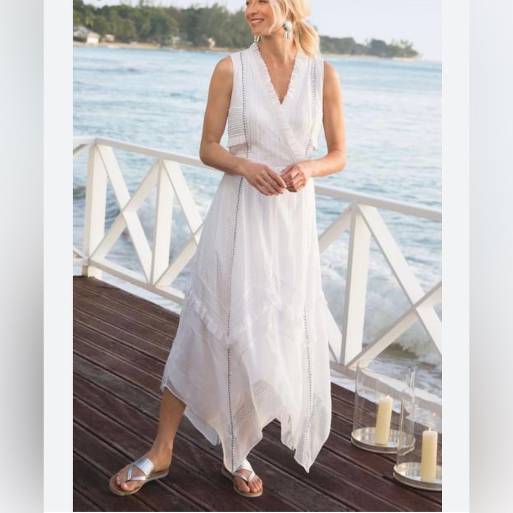 SOFT SURROUNDINGS "Villette" Boho WHT Lace Handkerchief Wrap Stitch Trim Maxi L
